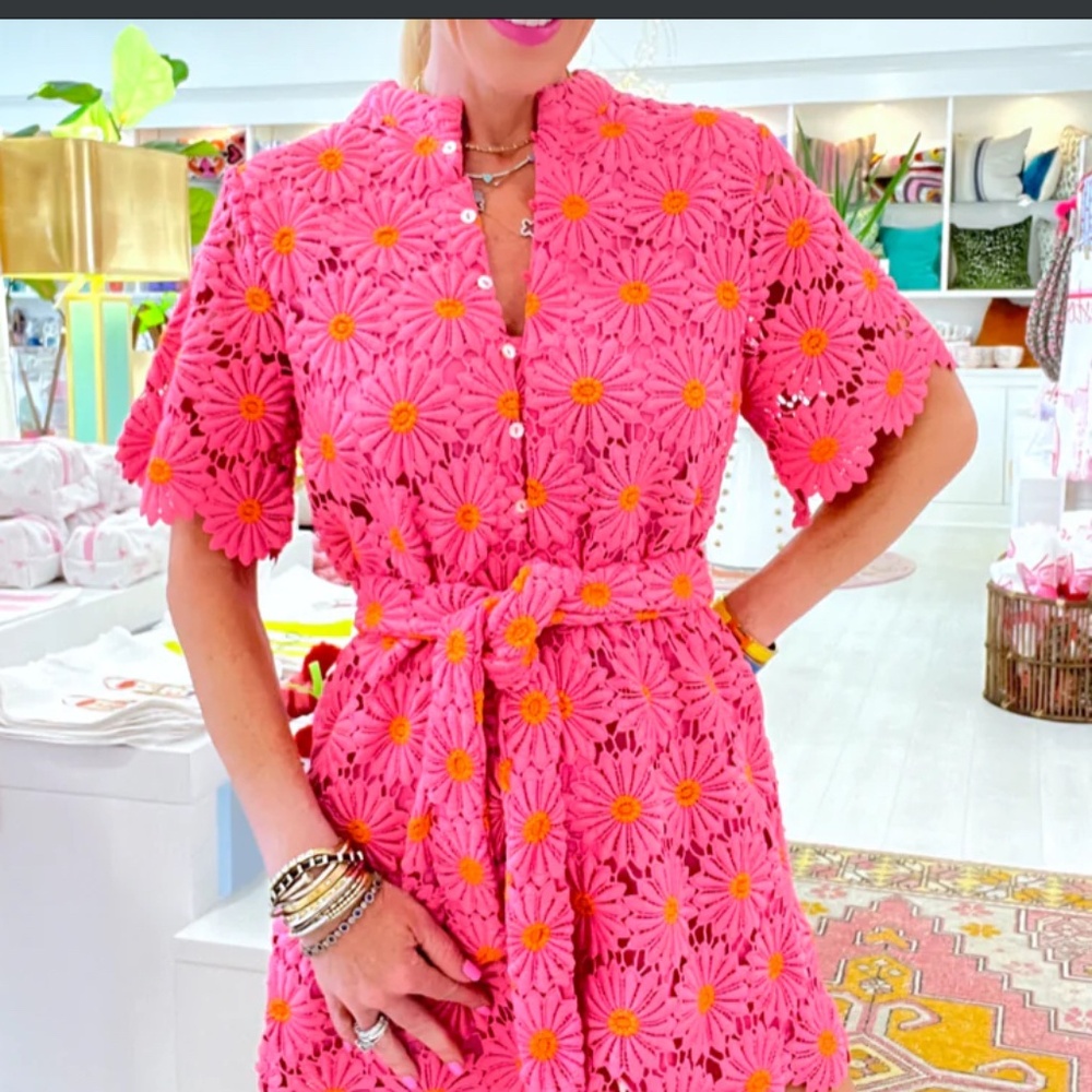 Preppy Pink & Orange Scalloped Crochet Lele Romper- Small worn once